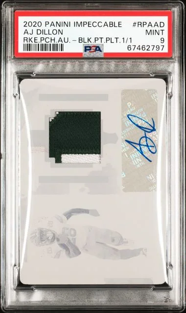 2020 Panini Impeccable AJ Dillon Patch Autograph (RPA) Black Printing Plate #RPA-AD card image