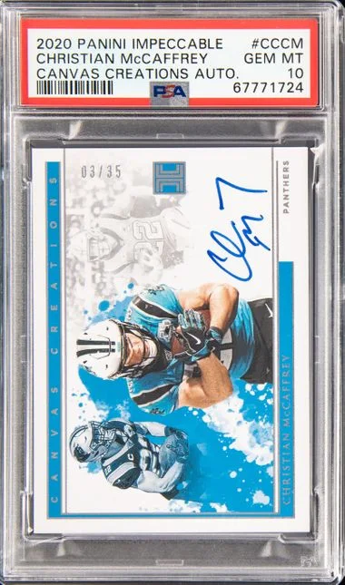 2020 Panini Impeccable Christian McCaffrey Canvas Creations Autographs #CC-CM card image