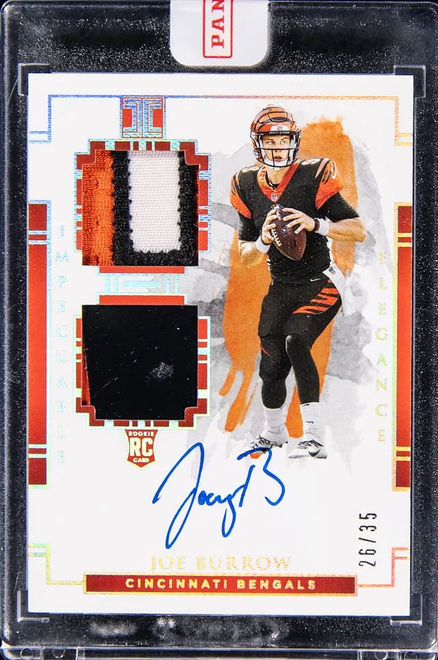 2020 Panini Impeccable Joe Burrow Helmet Patch Autograph #101 card image