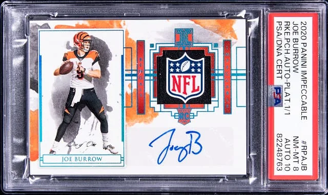 2020 Panini Impeccable Joe Burrow Patch Autograph (RPA) Platinum #RPA-JB card image