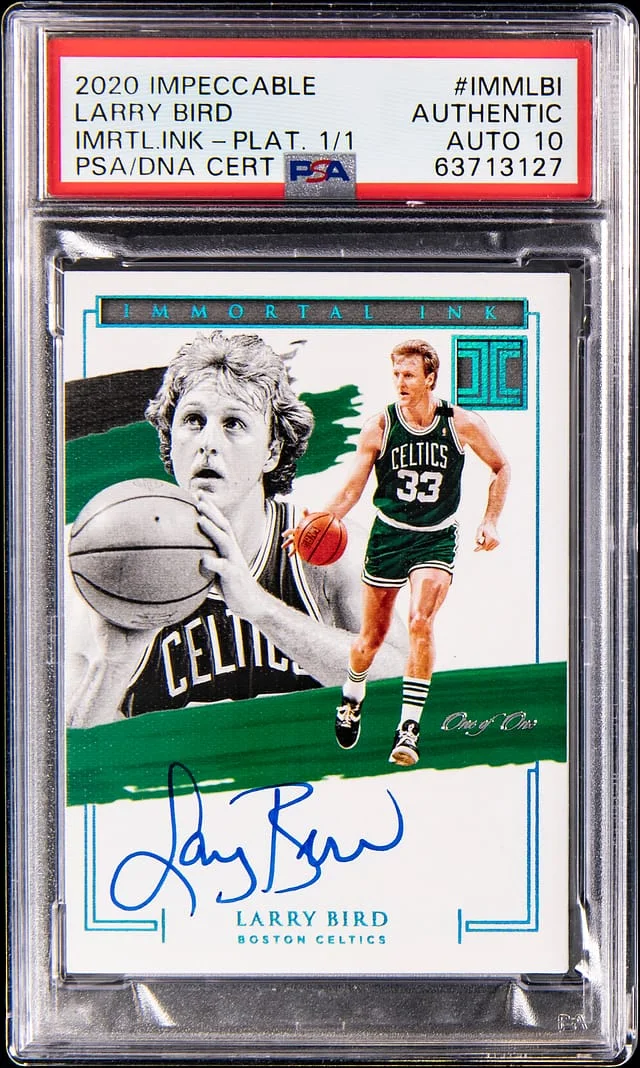 2020 Panini Impeccable Larry Bird Immortal Ink Platinum #IMMLBI card image
