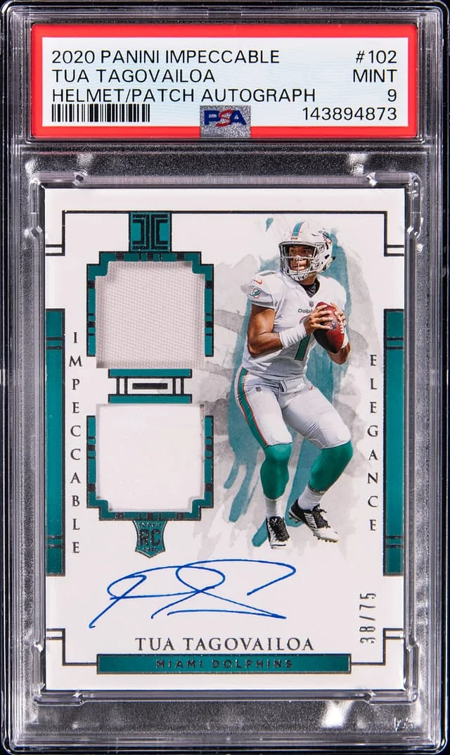 2020 Panini Impeccable Tua Tagovailoa Helmet/Patch Autograph #102 card image