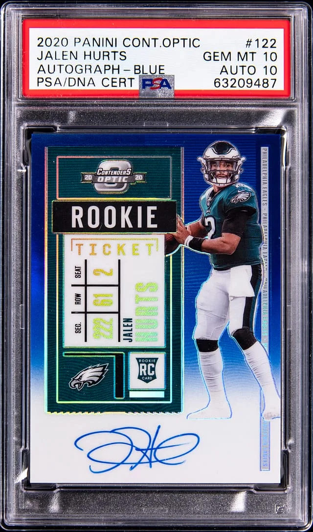 2020 Panini Jalen Hurts Contender Optic Ticket Autograph Blue #122 card image