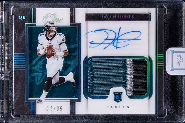 2020 Panini Jalen Hurts One Premium Patch Autograph Blue #124 card image