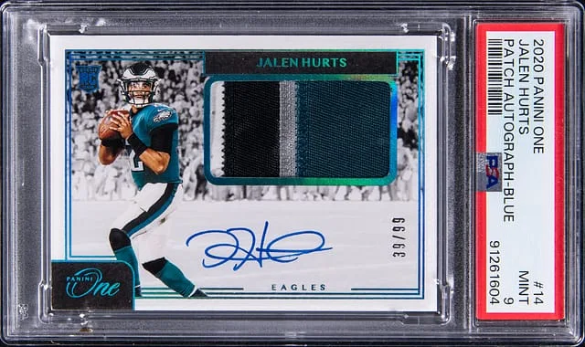 2020 Panini Jalen Hurts One Patch Autograph (RPA) Blue #14 card image