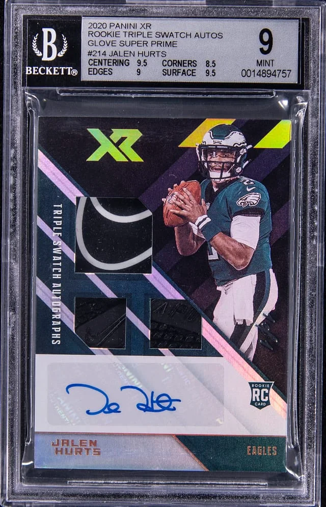 2020 Panini Jalen Hurts XR Triple Swatch Autograph Glove Super Prime #214 card image
