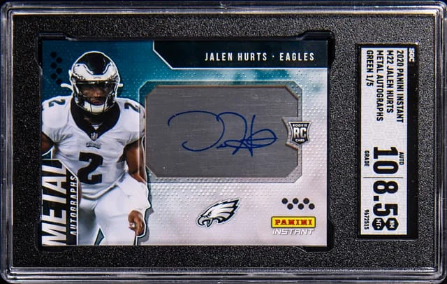 2020 Panini Jalen Hurts Instant Impact Metal Autographs Green #M22 card image