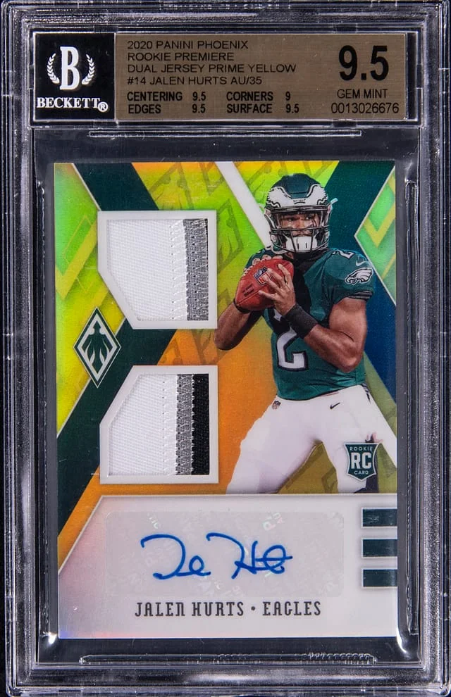 2020 Panini Jalen Hurts Phoenix Premiere Dual Jersey Autograph Prime Yellow #RDA-JA card image