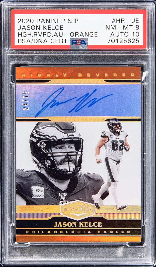 2020 Panini Jason Kelce Plates & Patches Highly Revered Autograph - Orange #HR-JE card image