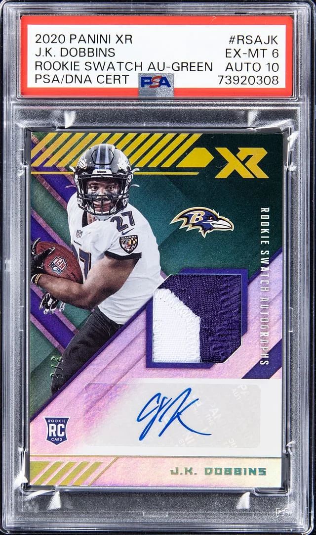 2020 Panini J.K. Dobbins XR Swatch Autographs Green #RSA-JK card image