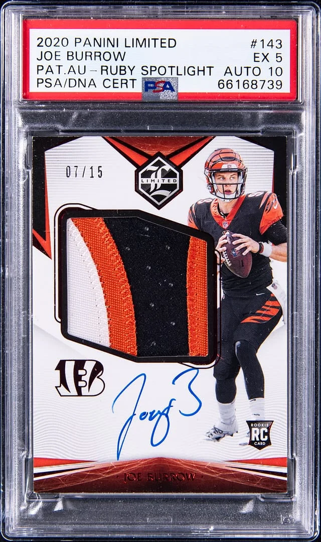 2020 Panini Joe Burrow Limited Patch Autograph Ruby Spotlight #143 card image