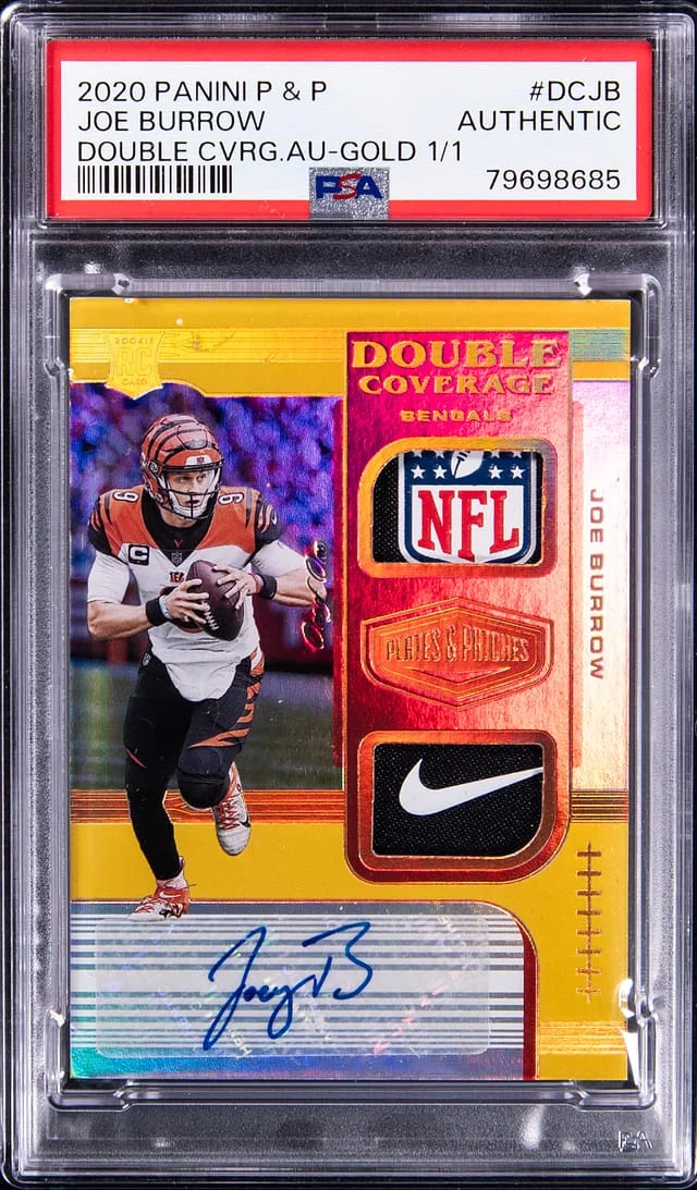 2020 Panini Joe Burrow Plates & Patches Double Coverage Autographs Gold #DC-JB card image