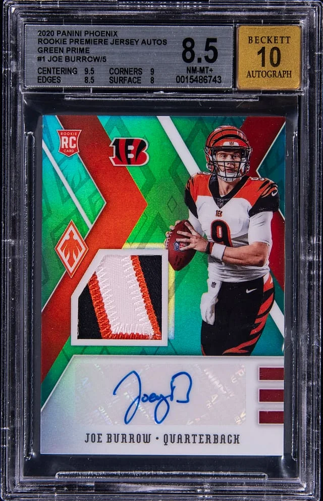 2020 Panini Joe Burrow Phoenix Premiere Jersey Autograph Green Prime #RJA-JB card image