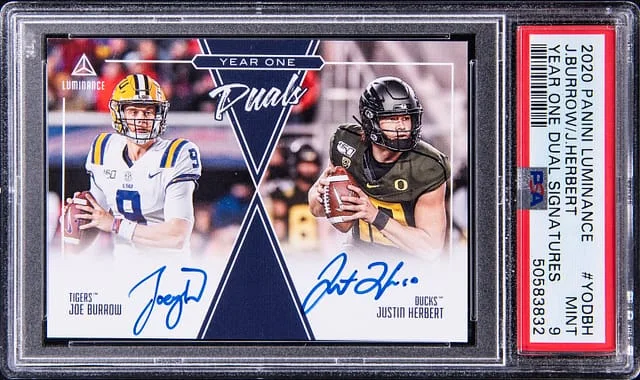 2020 Panini Joe Burrow/Justin Herbert Luminance Year One Dual Signatures #YODBH card image