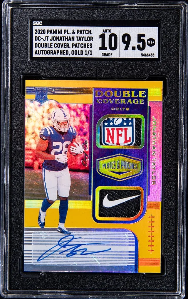 2020 Panini Jonathan Taylor Plates & Patches Double Coverage Patch Autographs Gold #DC-JT card image