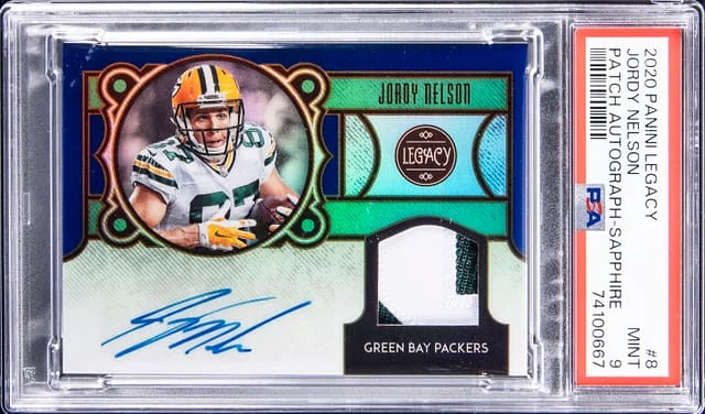 2020 Panini Jordy Nelson Legacy Patch Autograph Sapphire #8 card image