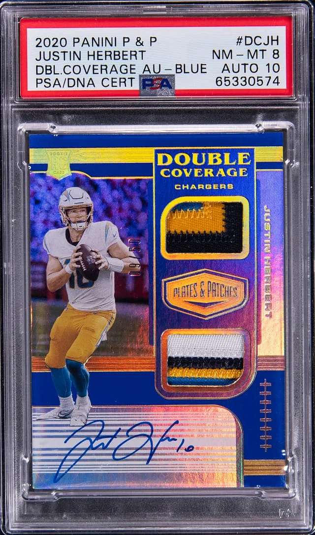 2020 Panini Justin Herbert Plates & Patches Double Coverage Autograph Blue #DC-JH card image