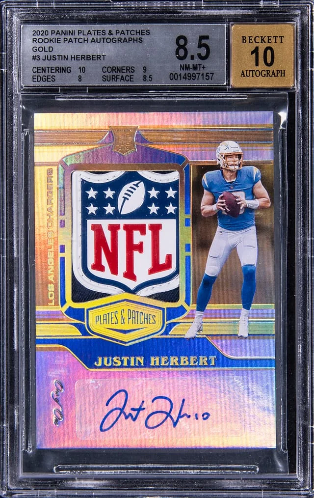 2020 Panini Justin Herbert Plates & Patches Patch Autograph (RPA) Gold #RPA-JH card image