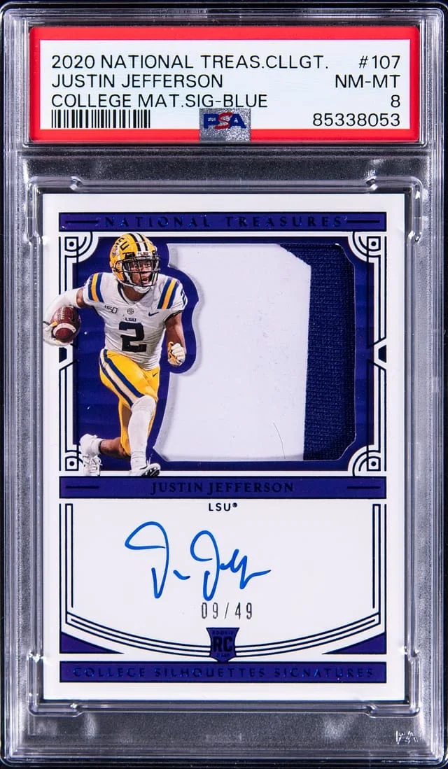 2020 Panini Justin Jefferson National Treasure Collegiate College Material Signature Blue #107 card image