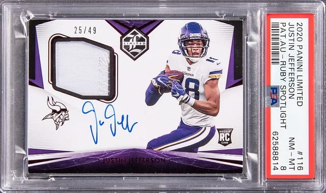 2020 Panini Justin Jefferson Limited Patch Autograph (RPA) Ruby Spotlight #116 card image