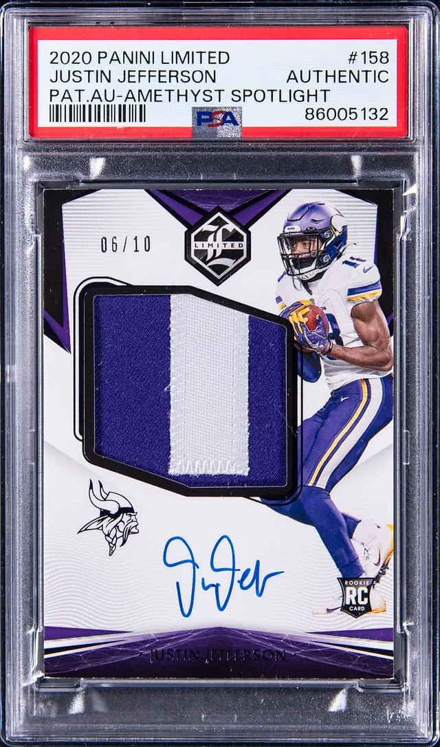 2020 Panini Justin Jefferson Limited Patch Autograph (RPA) Amethyst Spotlight #158 card image