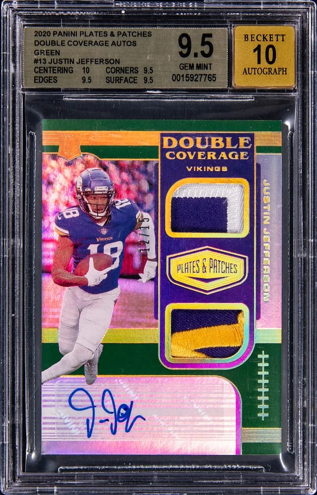 2020 Panini Justin Jefferson Plates & Patches Double Coverage Autographs Green #DC-JE card image