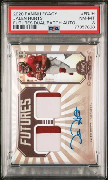 2020 Panini Legacy Futures Dual Patch Autographs Fdjh Jalen Hurts #no-number card image