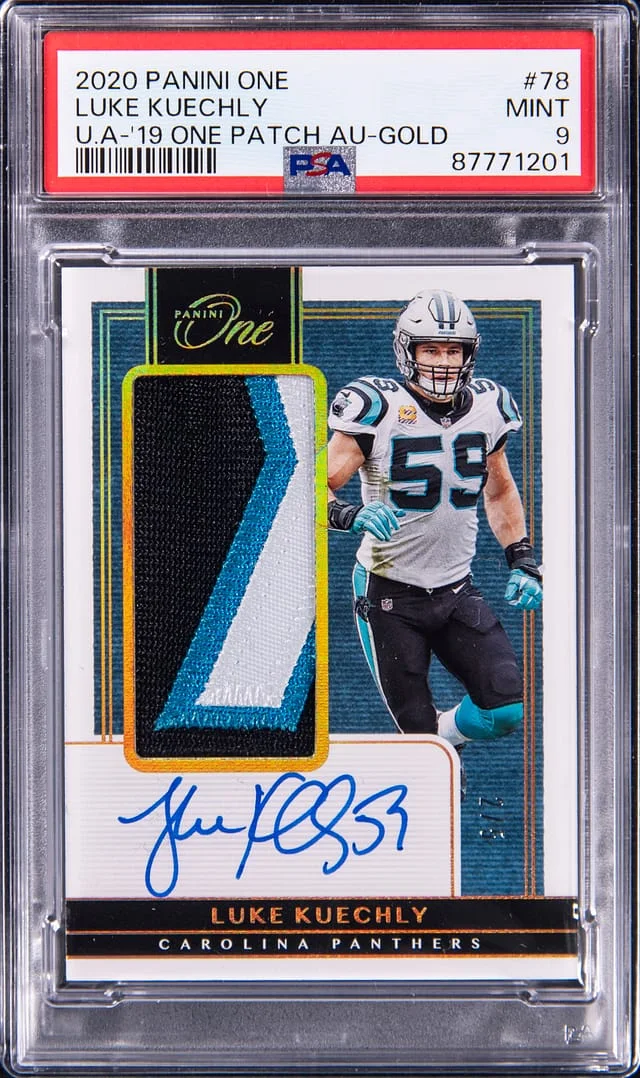 2020 Panini Luke Kuechly One Update Autographs '19 Patch Autograph Gold #78 card image