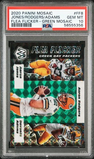 2020 Panini Mosaic Aaron Jones/Aaron Rodgers/Davante Adams Flea Flicker #FF8 card image