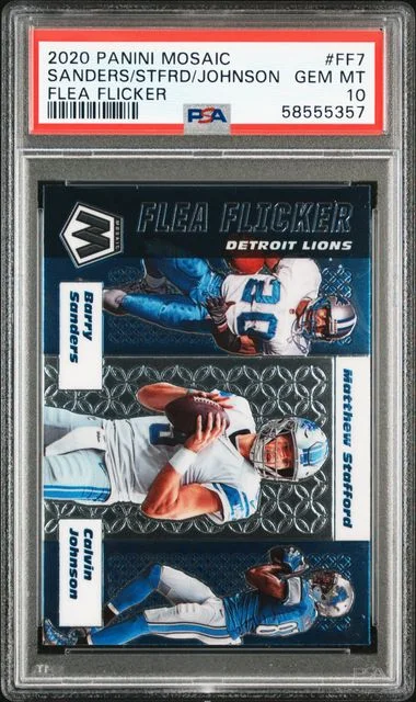 2020 Panini Mosaic Barry Sanders/Calvin Johnson/Matthew Stafford Flea Flicker #FF7 card image
