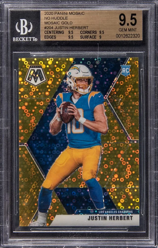 2020 Panini Mosaic Justin Herbert – Jersey Number No Huddle Gold Mosaic #204 card image