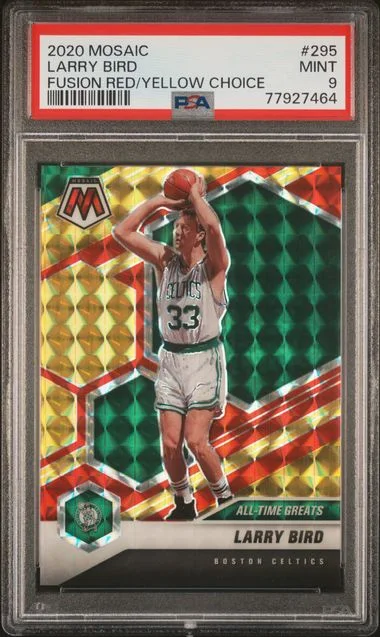 2020 Panini Mosaic Larry Bird Fusion Red/Yellow Choice #295 card image