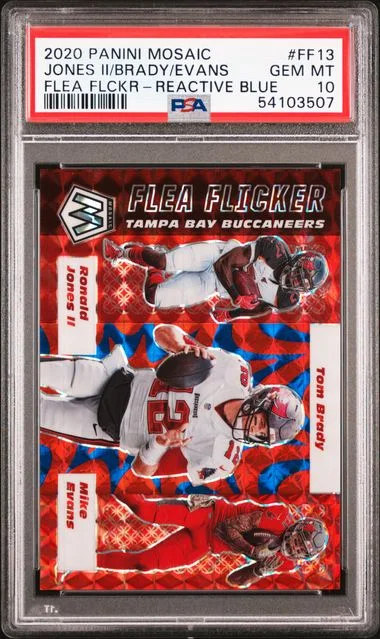 2020 Panini Mosaic Mike Evans/Ronald Jones Ii/Tom Brady Flea Flicker Reactive Blue #Ff13 card image