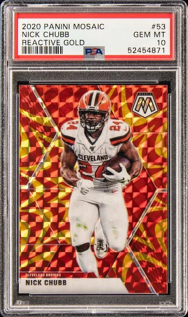 2020 Panini Mosaic Nick Chubb Reactive Gold #53 card image