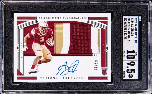 2020 Panini National Treasures AJ Dillon Collegiate College Materials Signatures #134 card image