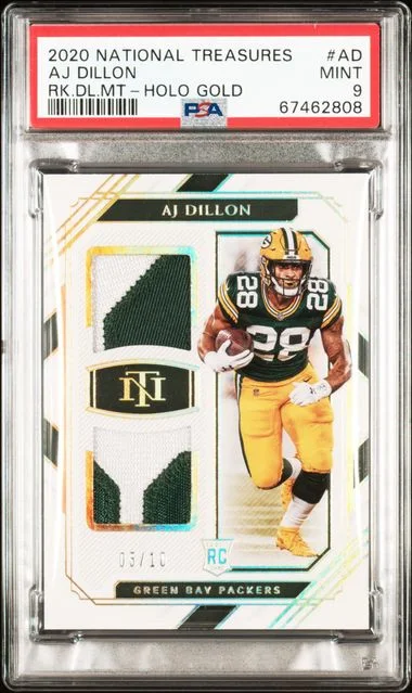2020 Panini National Treasures AJ Dillon Dual Materials Holo Gold #RDM-AD card image