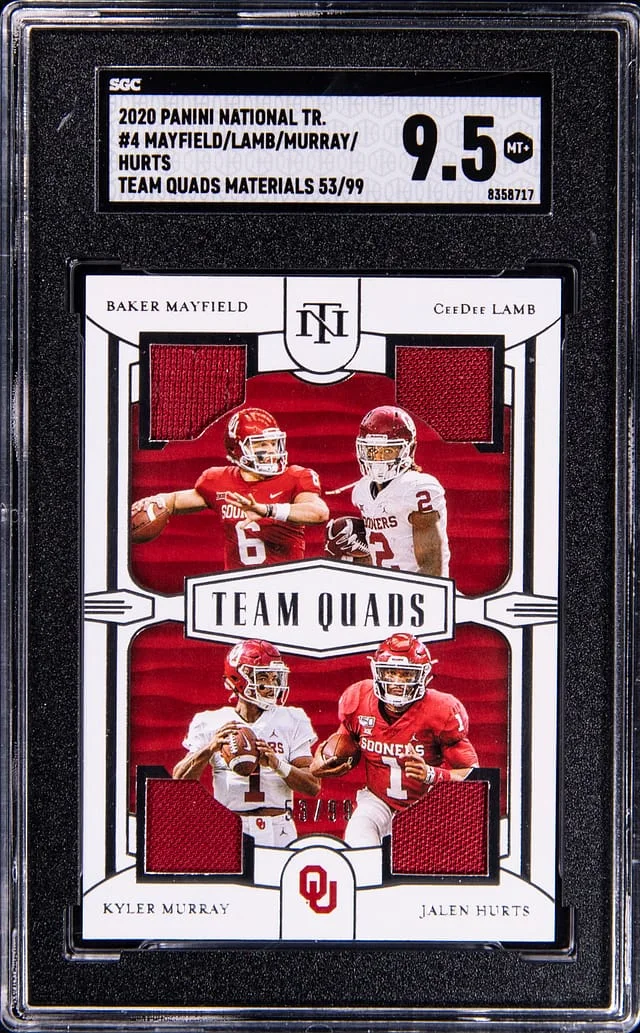 2020 Panini National Treasures Baker Mayfield/CeeDee Lamb/Kyler Murray/Jalen Hurt Collegiate Team Quads Materials #187 card image