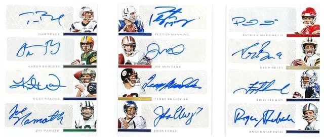 2020 Panini National Treasures Brady/Rodgers/Warner/Namath/P. Manning/Montana/Bradshaw/Elway/Mahomes II/Brees/Aikman/Staubach Multi-Signed Booklet Super Bowl MVP Treasure Chest Signatures #SB-MVP card image
