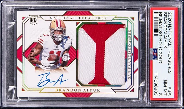 2020 Panini National Treasures Brandon Aiyuk Material Signature Holo Gold #RMS-BA card image