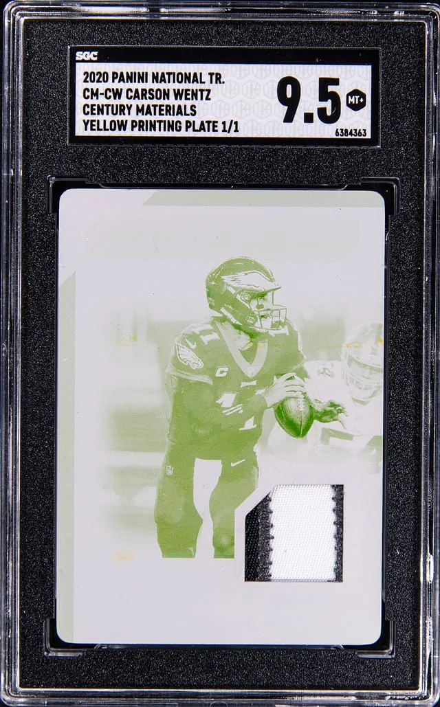 2020 Panini National Treasures Carson Wentz Century Materials Yellow Printing Plate #CM-CW card image