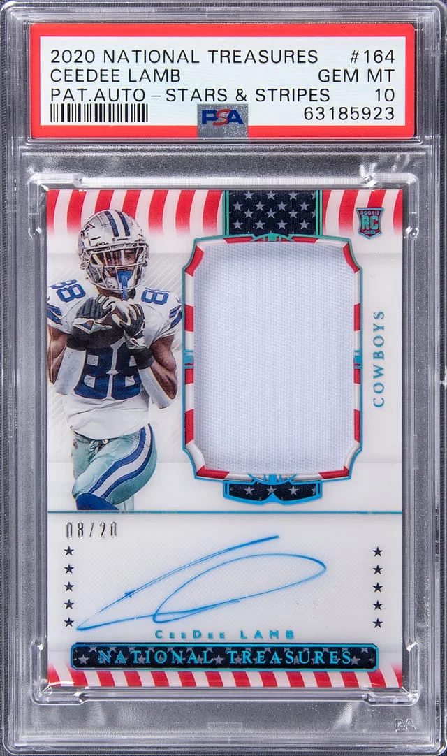 2020 Panini National Treasures CeeDee Lamb Stars & Stripes Patch Autograph #164 card image