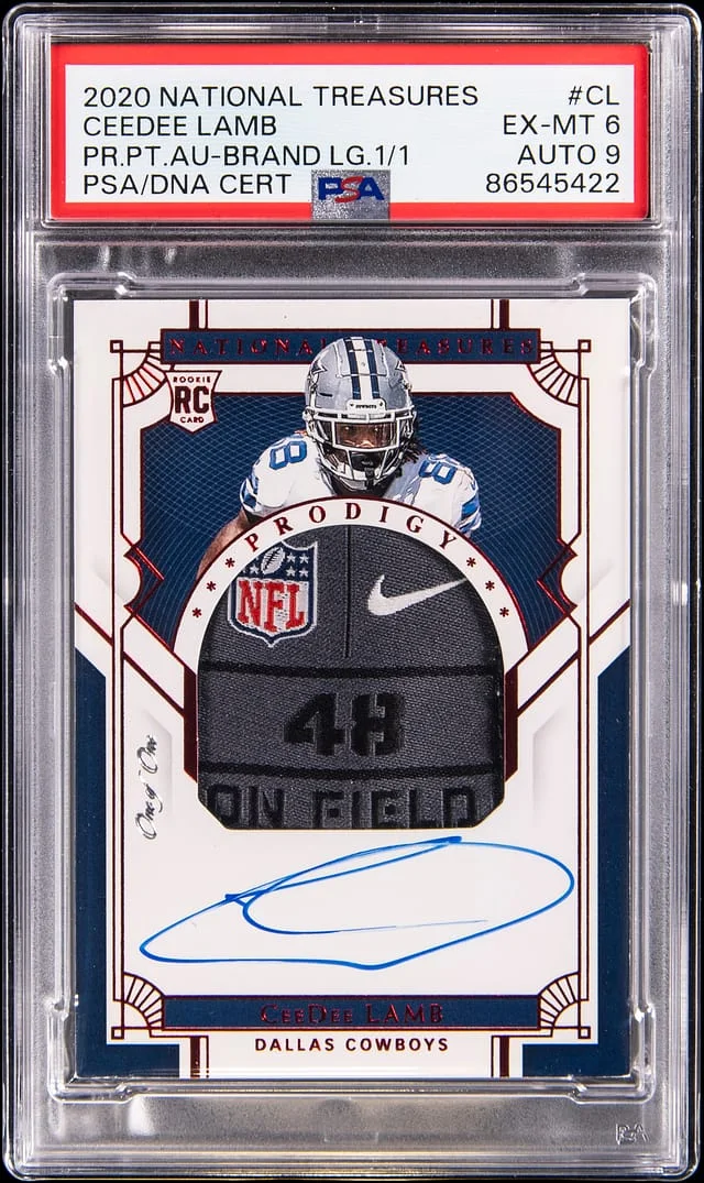 2020 Panini National Treasures Ceedee Lamb Prodigy Patch Autograph Brand Logo #PPA-CL card image