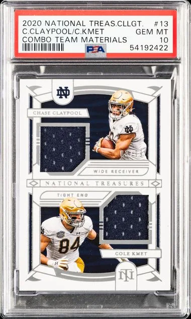 2020 Panini National Treasures Chase Claypool/Cole Kmet Collegiate Combo Team Materials #13 card image