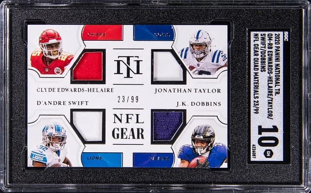 2020 Panini National Treasures Clyde Edwards-Helaire/Jonathan Taylor/D'Andre Swift/J.K. Dobbins NFL Gear Quad Materials #QM-RB card image