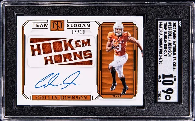 2020 Panini National Treasures Collin Johnson Collegiate Team Slogan Die-Cut Material Signatures #125 card image