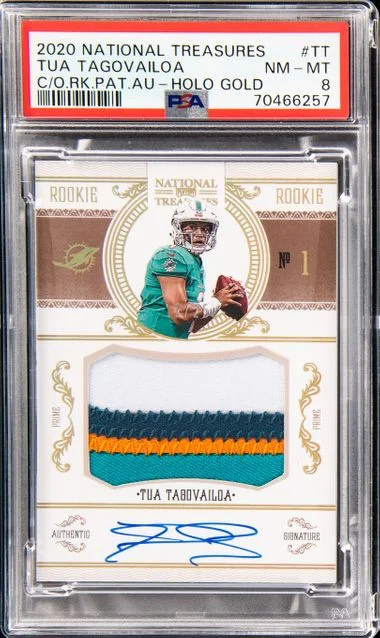 2020 Panini National Treasures Crossover Patch Autographs Holo Gold TT Tua Tagovailoa #no-number card image