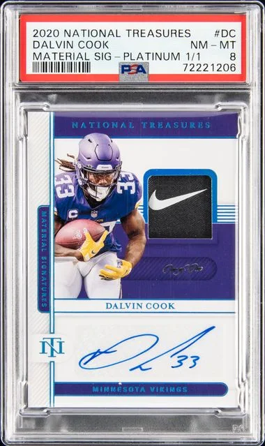 2020 Panini National Treasures Dalvin Cook Material Signatures Platinum #MS-DC card image