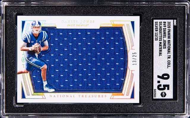 2020 Panini National Treasures Daniel Jones Collegiate Silhouettes Material Silver #49 card image