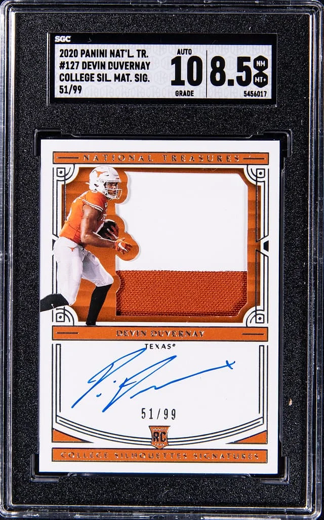 2020 Panini National Treasures Devin Duvernay Collegiate College Silhouette Material Signatures #127 card image