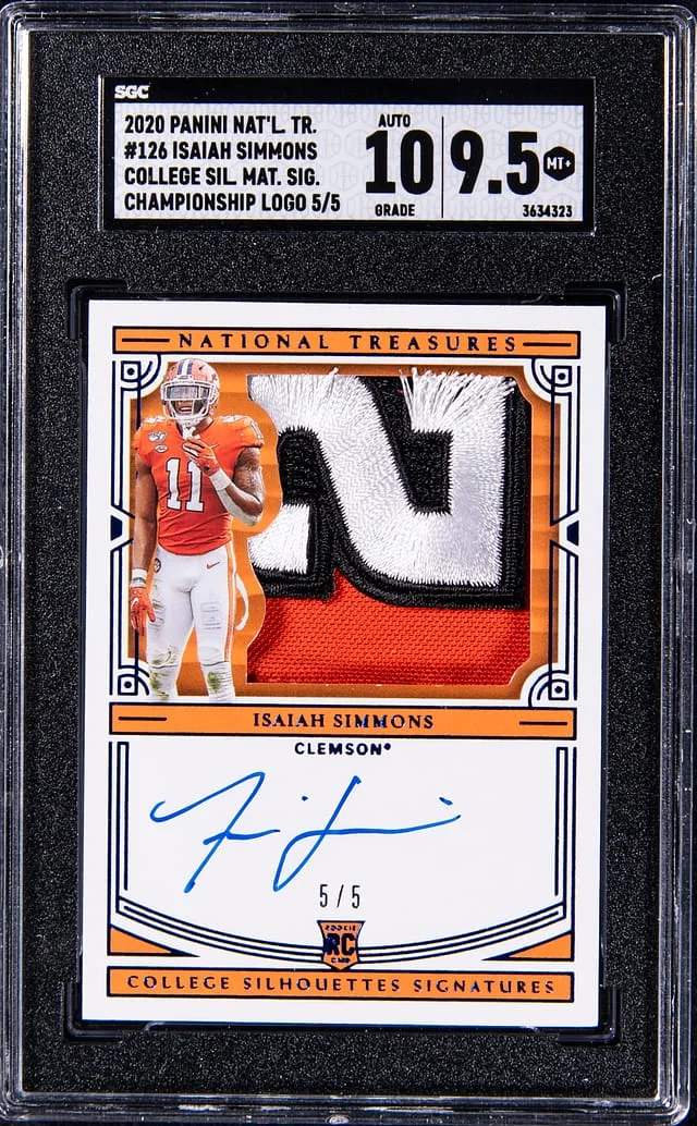 2020 Panini National Treasures Isaiah Simmons Collegiate College Silhouette Material Signatures Championship Logo #126 card image